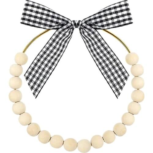 Christmas Wooden Beads Wreath Rustic Buffalo Plaid Ribbon Bowknot Garland For Farmhouse Indoor Outdoor Front Doll Wall Decor