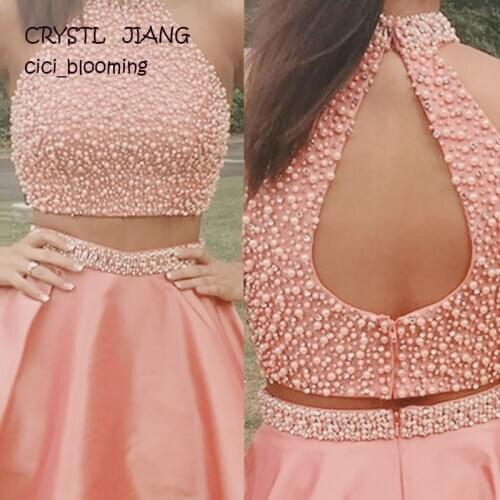Pink Two Pieces Short Dresses Halter Neck Beads Cocktail Gown