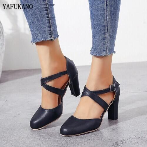 Summer Women Sandals High Heels Leather Shoes Fashion Square Heel Round Toe Cross Leather Belted Plus Size Retro Shoes