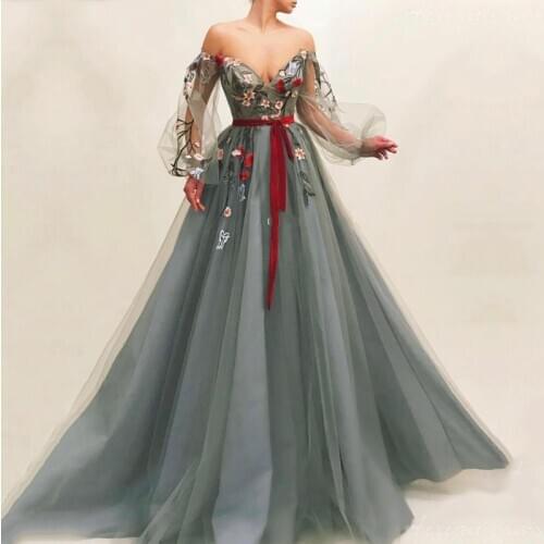 Gray Muslim Evening Dress 2019 Off Shoulder Embroidery Tulle Islamic Dubai Kaftan Saudi Arabic Long Sleeves Evening Gown Prom