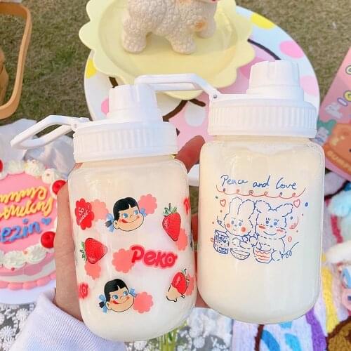 Cute Strawberry Glass Water Bottle With Straw Portable Leakproof Student Kids Bottles For School Drinking Clear Milk Sippy Cup