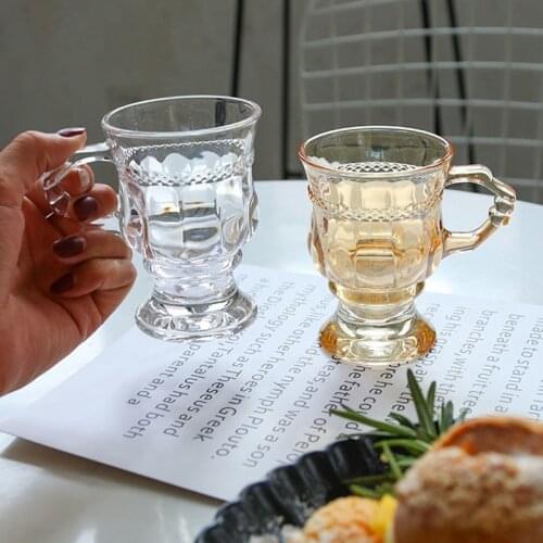 Vintage Relief Glass Cup Goblet Coffee Milk Cups Wine Tumbler for Bar Restaurant Home Water Cup with Handle Holiday Gift