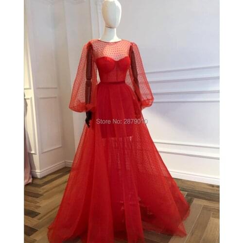 Turkish A-Line Orange Evening Dress Floor-Length Tulle Full Sleeves Prom Dress Arabia Robe De Soiree Aibye Formal Dress Dubai