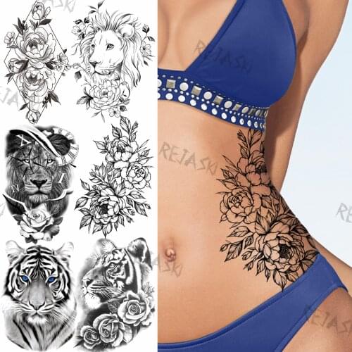 Large Peony Temporary Tattoos For Women Adults Lion Tiger Geometric Fake Tattoo Sticker Charming Waist Arm Tatoos Summer Style