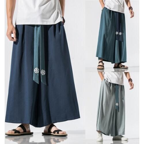 Japanese Traditional Samurai Style Kimono Loose Casual Wide Leg Pants for Men Fashion Streetwear Linen Male Solid Trouser Pants