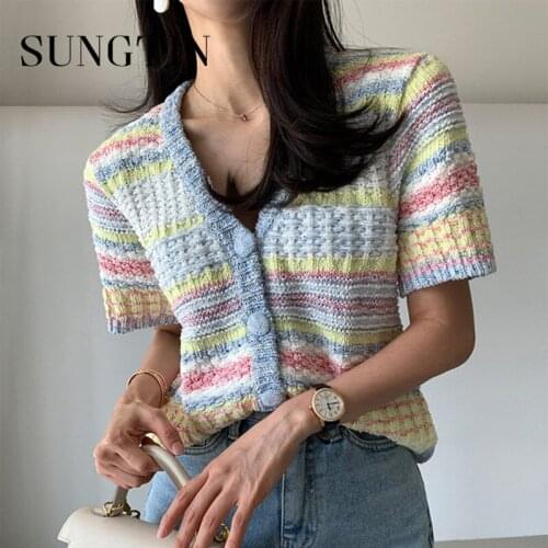 Sungtin Color Block Elegant Knitted Cardigan Women Korean Striped V-Neck Short Sleeve Sweater Vintage Summer Knit Cardigan 2021