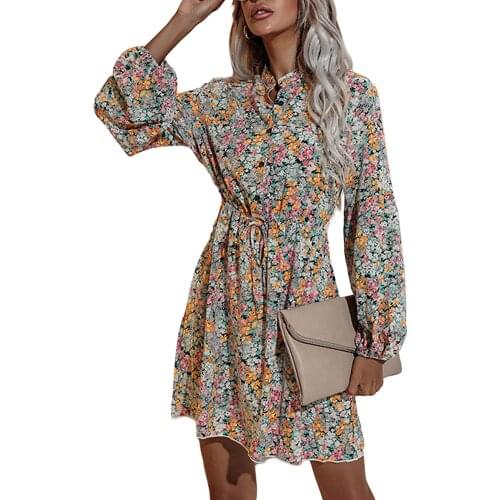 Women Big Hem Retro Short Dress Floral Printed Pattern Stand-up Collar Long Sleeve Elegant Vestidos Shirts Dress