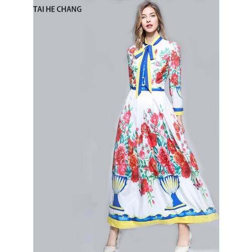 Women dress new autumn elegant slim bodycon vintage A-line bow party runway floral print long maxi shirt office work dresses