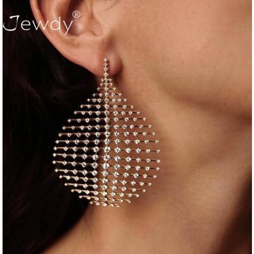1Pcs Punk Earring Hollow Water Drop Clear Crystal Geometric Mesh Gold Stud Earrings Women Personality Wedding Party Jewelry Gift