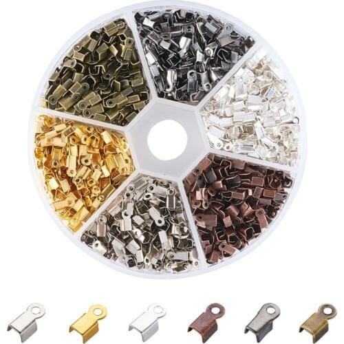 1380 PCs/box 6x3x2.3mm 6 Colors Iron Cord Folding Crimp Ends Tips Terminators for DIY Jewelry Necklace Bracelet, Hole: 1.2mm