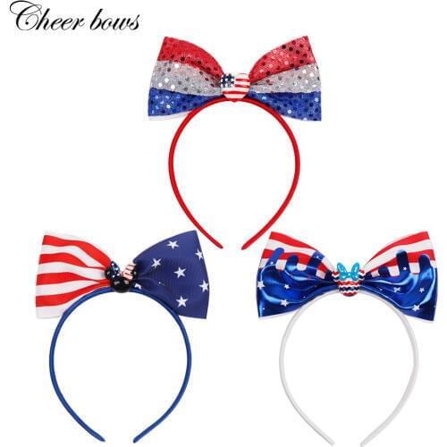 Cheer Bow Hair Accessories Sequin Headband 4th Of July Hairband For Girls National Flag Hairbow Hairbands Kids Headwear