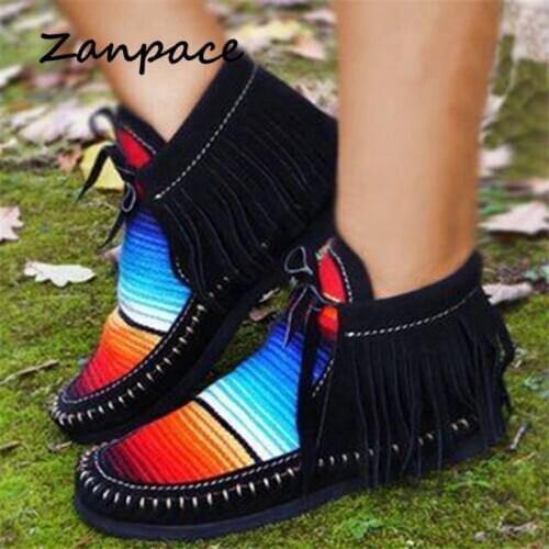 New Large 43 Tassel Flat Ankle Boots 2020 Womens Sewing Warm Flats Female Shoes Casual Round Toe Comfort Flock Women Boots