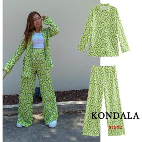 KONDALA Women Chic Green Geometric Print Vintage Pants High Waist Wide Leg Casual Trousers Elegant Stylish Mujer Pants