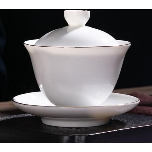 White porcelain handwork three-piece bowl large gold painting kungfu tea set tea bowl