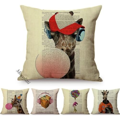 Funny Animal Poster Style Pillow Case Baby Nursery Art Woodland Giraffe Chewing Gum Elephant Skull Home Decor Sofa Cushion Cover