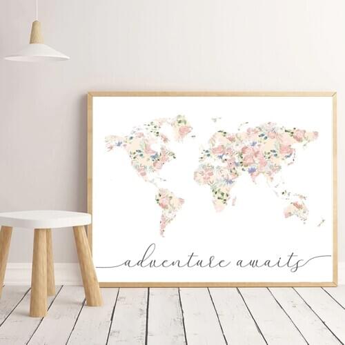 Floral World Map Poster Girl Nursery Decor Adventure Awaits World Map Print Champagne Blush Art Canvas Painting Kids Room Decor