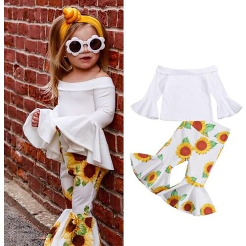 FOCUSNORM 1-5Y Autumn Lovely Kids Girls Clothes Sets Solid Off Shoulder Flare Long Sleeve T Shirts Sunflowers Pants