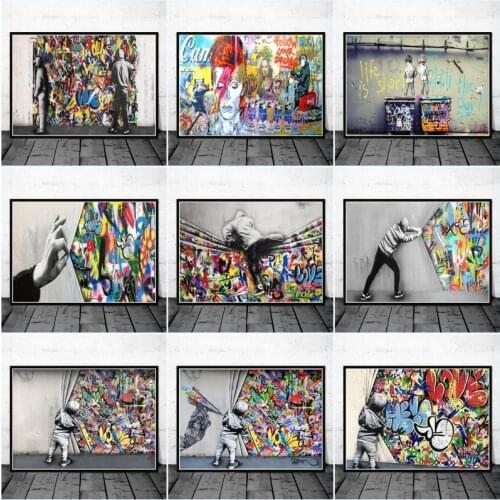 Graffiti Art Banksy Behind The Curtain Canvas Painting Street Pop Art Poster Print Wall Abstract Picture for Living Room Cuadros