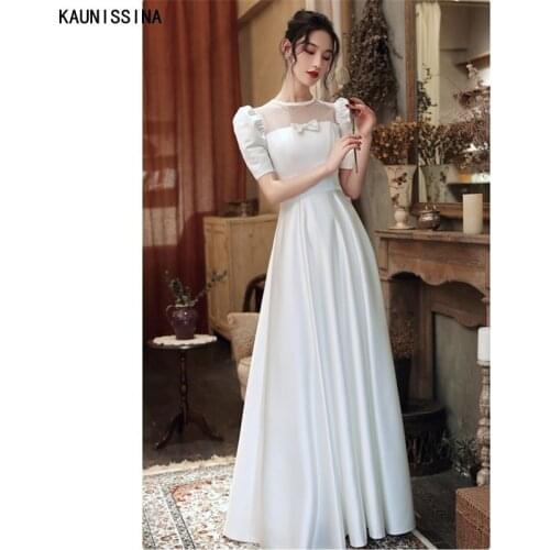 KAUNISSINA Long A-Line Wedding Dresses 2021 O-Neck Short Sleeve Bow White Simple Satin Bride Dress Women Vestidos De Novia