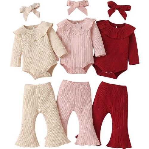 Infant Baby Girls Three-piece Clothes Set, Solid Color Romper, Flared Pants and Headdress, Red/ Pink/ Beige