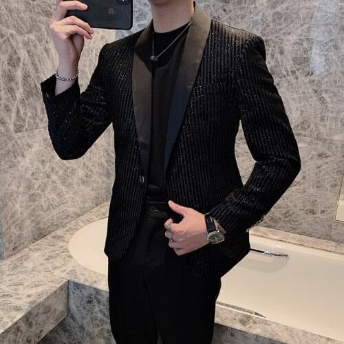 Suit Men Casual Handsome Net Red Small Dress Fashion Sequin Stripe Black Blazers Singer Performance Suit Adult Gift Jacket Tide