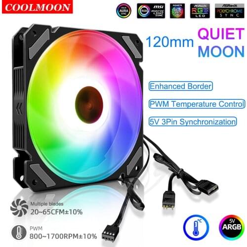 Coolmoon 12V 4Pin PWM Cooling Radiator Quiet Moon 120mm 5V 3Pin ARGB PC Case Fan for CPU 120/240/360 Water Cooler Replacement