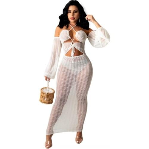 Summer Sexy Mesh Beach Lace Up Maxi Dresses 2021 Womens Sexy Club Dress Long Sleeve Hollow Out Hot Sale Lady Long Dress