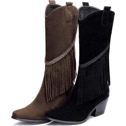 Hot 2021 New Fringed Leather Shoes Ladies Womens Boots Pointed Toe Boots Knee-Length Thick Heels Fashion Increase And Versatile