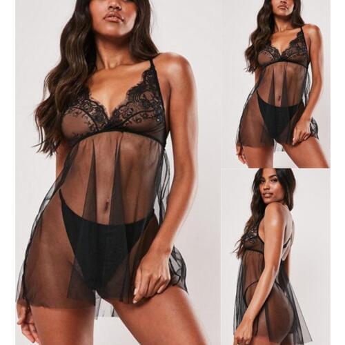 Fashion Womens Large Size Mesh Gauze Perspective Sexy Nightdress With Panties European And American Sexy Lingerie Manufacturers