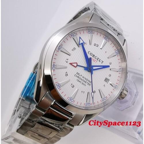 41mm Corgeut White Dial Stainless Steel Band GMT Automatic Movement Sapphire Glass Mens Mechanical Watch