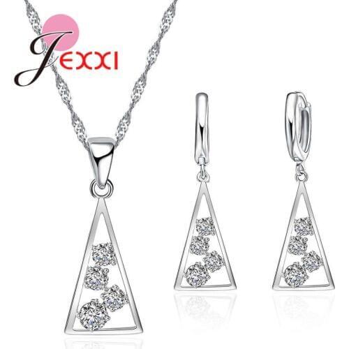 Simple Trendy Pendant Jewelry Sets For Party 925 Sterling Silver Wedding Necklace Hoop Earrings Set with Rhinestine CZ Bijoux
