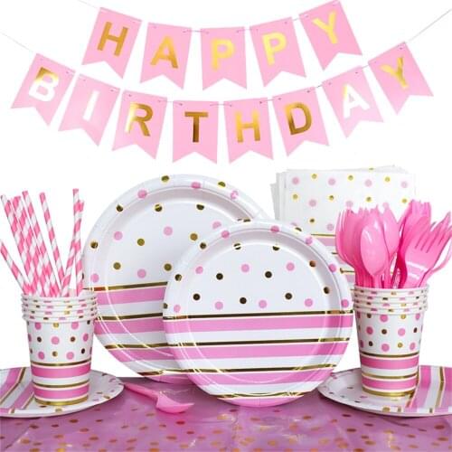 Gold Dot Pink Disposable Tableware Plate Cup Napkins 1st Birthday Party Adult Happy Birthday Party Decor Kids Wedding Birthday