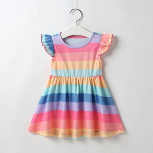 Baby Girls Rainbow Stripes Dress Newborn Princess Birthday Wear Ruffles Sleeve A-Line Dress Summer Casual Girls Outfits, 6 M-3 Y