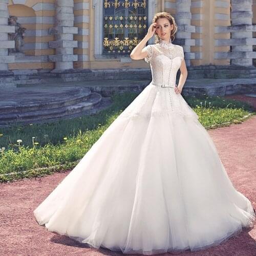 Robe De Mariee Wedding Gowns Short Sleeve Open Back Bow Pearls Lace Tulle A-line Princess Dresses Abito Da Sposa
