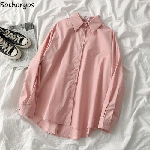 Shirts Women Solid Simple All-match Fashion Single Breasted Loose Leisure Chic Retro Streetwear Harajuku Bf Style Womens Folds