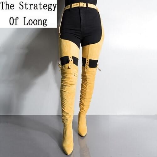 Women Over The Knee Leg Buckle Waist Belt Long Boots Lady Flock Pointed Toe Pleated Thigh High Thick High Heels Boots 20181113