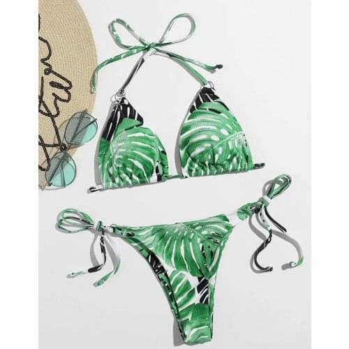 Thong Bikinis Beachwear Ladies Female Sexy Leaf Print High Waist Plit Bathing Suit Thong Lace Up Swimwear Biquini Wholesale