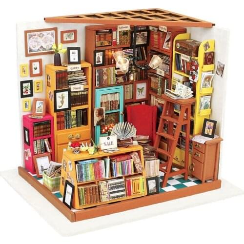 LED Bookstore doll house furniture diy dollhouse wood diy doll house miniature dollhouse furniture Kit children home puzzle Toys