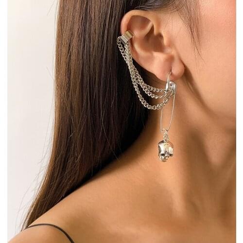 Marioho Vintage Punk Skull Bone Dangle Ear Cuff Chain Earrings Silver Color Skeleton Pendant Clip Earrings Ladies Halloween Gift