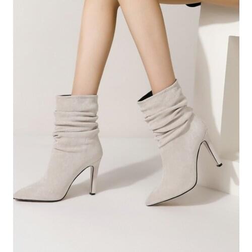 Faux Suede Ladies New Mid Calf Boots Spring Autumn Sexy Stiletto Pointed Toe Womens Shoes Slip On Pleated Loose Winter Boots