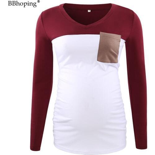 Womens Maternity Tops Long Sleeve V Neck Casual Blouse With Pocket Pregnancy Color Matching Patchwork Shirred Autumn Clothes