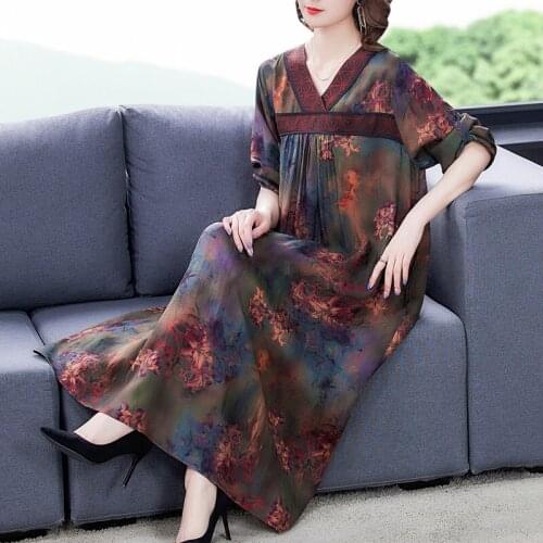 Summer Vintage Boho Print Mulberry Silk Midi Dress 2021 Women Loose Casual 4XL Plus Size Dresses Elegant Bodycon Party Vestidos