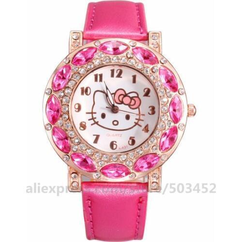 100pcs/lot Crystal Cute Cat Leather Watch Fashion Candy Color Wristwatch Nice Girl Gift Watch Rhinestone Bracelet Watch