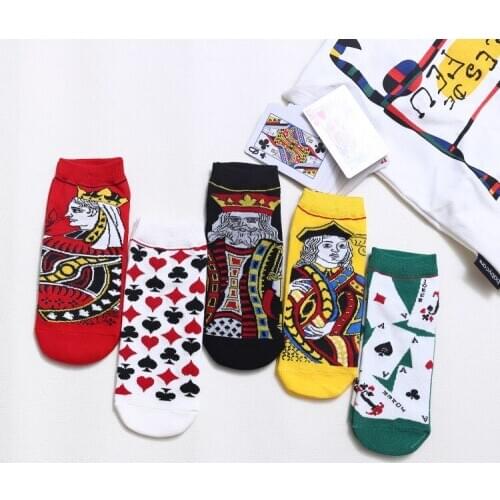 Playing Card Socks Women Cotton Funny Cartoon Short Ankle Socks Pack Girls Harajuku Sock Set Woman Soks Streetwear 5 Pairs 1 Lot