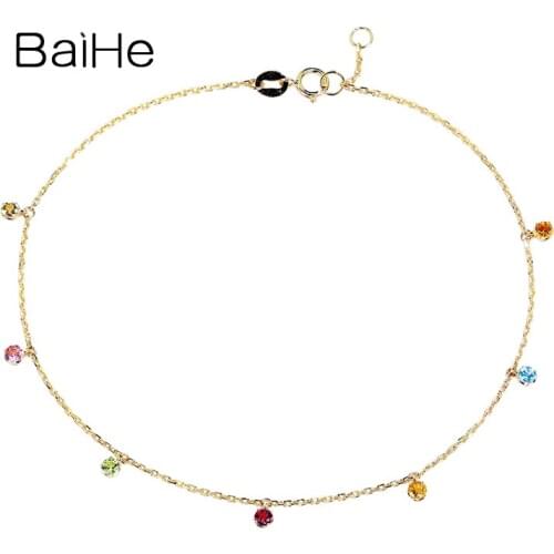 BAIHE Genuine Solid 18K Yellow Gold Natural Colored sapphire Aquamarine Tourmaline Lady Bracelet Anklet Trendy Engagement Gift