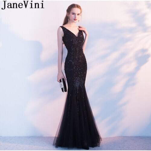 JaneVini Black Mermaid Prom Dresses Long V-Neck Shiny Sequined Party Gala Dress Floor Length Tulle Formal Gowns Vestidos Prom