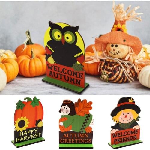 Wooden Ornaments New Harvest Festival Pumpkin Scarecrow Owl Angel Party Scene Decoration Figurines Miniatures Decoration Crafts