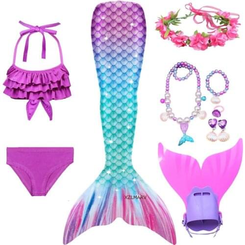 Halloween new Girls Swimmable Mermaid Tail Princess Dress with Monofin Kids Holiday Mermaid Costume Cosplay Swimsuit Birthday