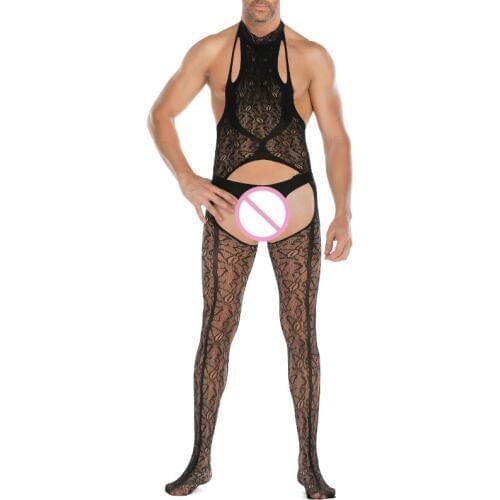 Men Lace Lingerie Hanging Neck Nightwear Man Jacquard Open Crotch Sleepwear Mens Backless Jumpsuit Sexy Male Bodysuit Hot Sale