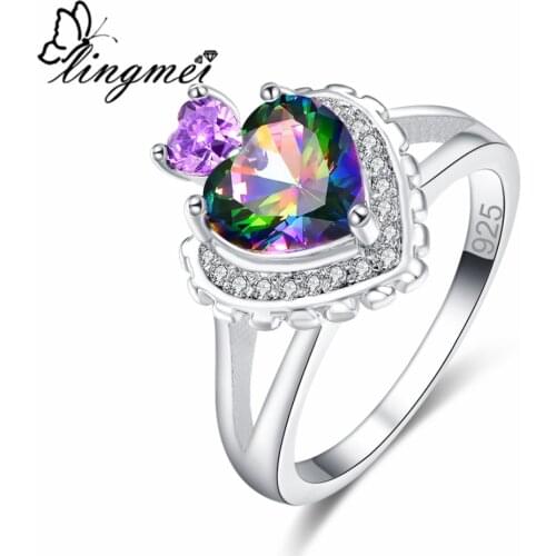 Lingmei Romantic Love Heart Style Blue & White & Multi Zircon Silver ColorJewelryRing Size 6 7 8 9 Gifts for Women